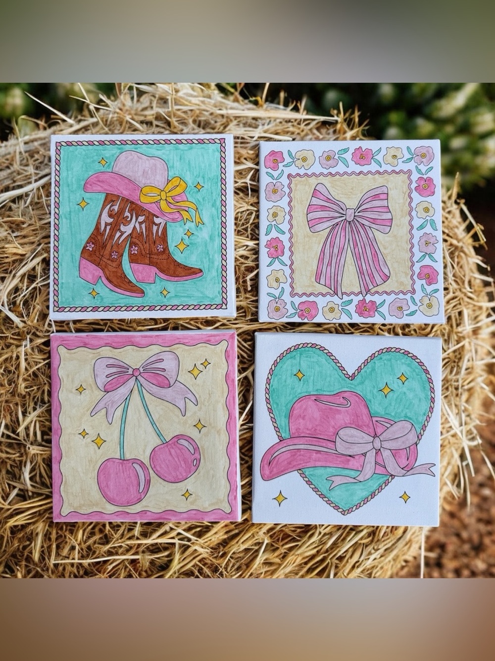 4 Handpainted Coquette Western Wall Art Ready To Hang Pictures 4”x 4”